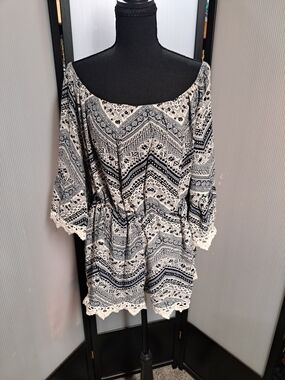 Black & White Printed Off-Shoulder Romper with Lace Trim